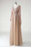 Blush A Line V-hals Chiffon Lange Mouwen Moeder van de Bruid Jurk met Kralen