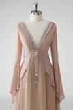 Blush A Line V-hals Chiffon Lange Mouwen Moeder van de Bruid Jurk met Kralen