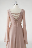 Blush A Line V-hals Chiffon Lange Mouwen Moeder van de Bruid Jurk met Kralen