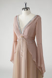 Blush A Line V-hals Chiffon Lange Mouwen Moeder van de Bruid Jurk met Kralen