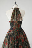 A Line Halter met bloemenprint Donkergroene jurk voor bruiloftsgasten