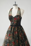 A Line Halter met bloemenprint Donkergroene jurk voor bruiloftsgasten