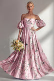 A-lijn roze strapless bloemenjurk met lange bruidsmeisjesjurk en puffmouwen