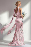 Zeemeerminroze strapless bloemenprint lange bruidsmeisjesjurk met split