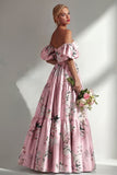 A-lijn roze strapless bloemenjurk met lange bruidsmeisjesjurk en puffmouwen