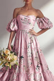 A-lijn roze strapless bloemenjurk met lange bruidsmeisjesjurk en puffmouwen