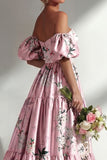 A-lijn roze strapless bloemenjurk met lange bruidsmeisjesjurk en puffmouwen