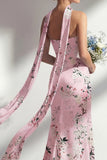 Zeemeerminroze strapless bloemenprint lange bruidsmeisjesjurk met split