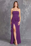 Zwarte strapless lange formele jurk met ruches en split