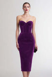 Bordeaux Strapless Velvet Bodycon Midi Formele Jurk