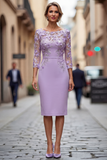 Lichtblauwe Bateau Neck Bodycon geappliqueerde midi Mother of the Bride jurk met 3/4 mouwen