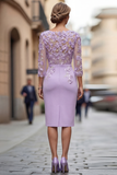 Lichtblauwe Bateau Neck Bodycon geappliqueerde midi Mother of the Bride jurk met 3/4 mouwen