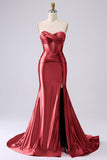 Fuchsia strapless satijn zeemeerminkorset Lange PLus maat galajurk met split