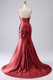 Fuchsia strapless satijn zeemeerminkorset Lange PLus maat galajurk met split