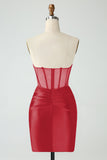 Donkergroen korset strapless bodycon korte homecoming jurk