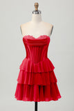 Blauw gelaagd korset A Line strapless korte homecoming-jurk