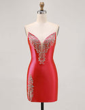 Fuchsia Strapless Bodycon Homecoming Jurk met Kralen en Split