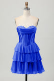 Blauw gelaagd korset A Line strapless korte homecoming-jurk