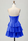 Blauw gelaagd korset A Line strapless korte homecoming-jurk