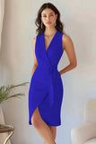 Bodycon hemelsblauwe crêpe werkjurk met V-hals