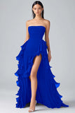 Zwarte A-lijn ruches chiffon gelaagde strapless formele jurk met split