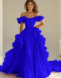 Gele Off The Shoulder Zeemeermin Ruches Satijnen Prom Jurk