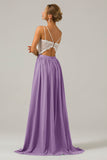 Eucalyptus Open Back Boho Chiffon lange bruidsmeisje jurk met kant