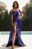 Gouden Off The Shoulder Schede Metallic Satijnen Prom Dress Met Split