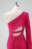 Sprankelende Fuchsia One Shoulder Pailletten Strakke Korte Homecoming Jurk met Franje