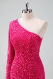 Sprankelende Fuchsia One Shoulder Pailletten Strakke Korte Homecoming Jurk met Franje