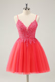 Leuke Hot Pink A Line Spaghetti Bandjes Korte Homecoming Jurk met Appliques