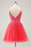 Leuke Hot Pink A Line Spaghetti Bandjes Korte Homecoming Jurk met Appliques