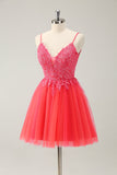 Leuke Hot Pink A Line Spaghetti Bandjes Korte Homecoming Jurk met Appliques