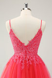 Leuke Hot Pink A Line Spaghetti Bandjes Korte Homecoming Jurk met Appliques