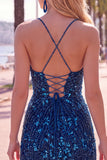 Glinsterende bodycon spaghettibandjes pailletten Korte blauwe homecomingjurk met kwasje