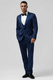 Donkerblauwe 3-delige Peak Lapel Jacquard One Button heren galapakken