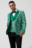 Groene Peak Revers Jacquard Een Knoop 3 Delige Heren Prom Suits