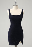 Sprankelende donkerblauwe Bodycon Mini Homecoming Jurk met Vierkante Hals en Split