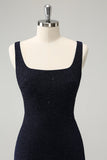 Sprankelende donkerblauwe Bodycon Mini Homecoming Jurk met Vierkante Hals en Split