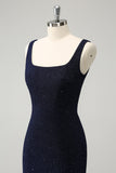 Sprankelende donkerblauwe Bodycon Mini Homecoming Jurk met Vierkante Hals en Split