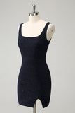 Sprankelende bodycon mini donkerblauwe homecoming jurk met vierkante hals en split