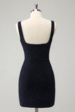 Sprankelende bodycon mini donkerblauwe homecoming jurk met vierkante hals en split