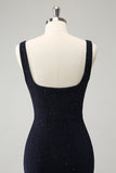 Sprankelende donkerblauwe Bodycon Mini Homecoming Jurk met Vierkante Hals en Split