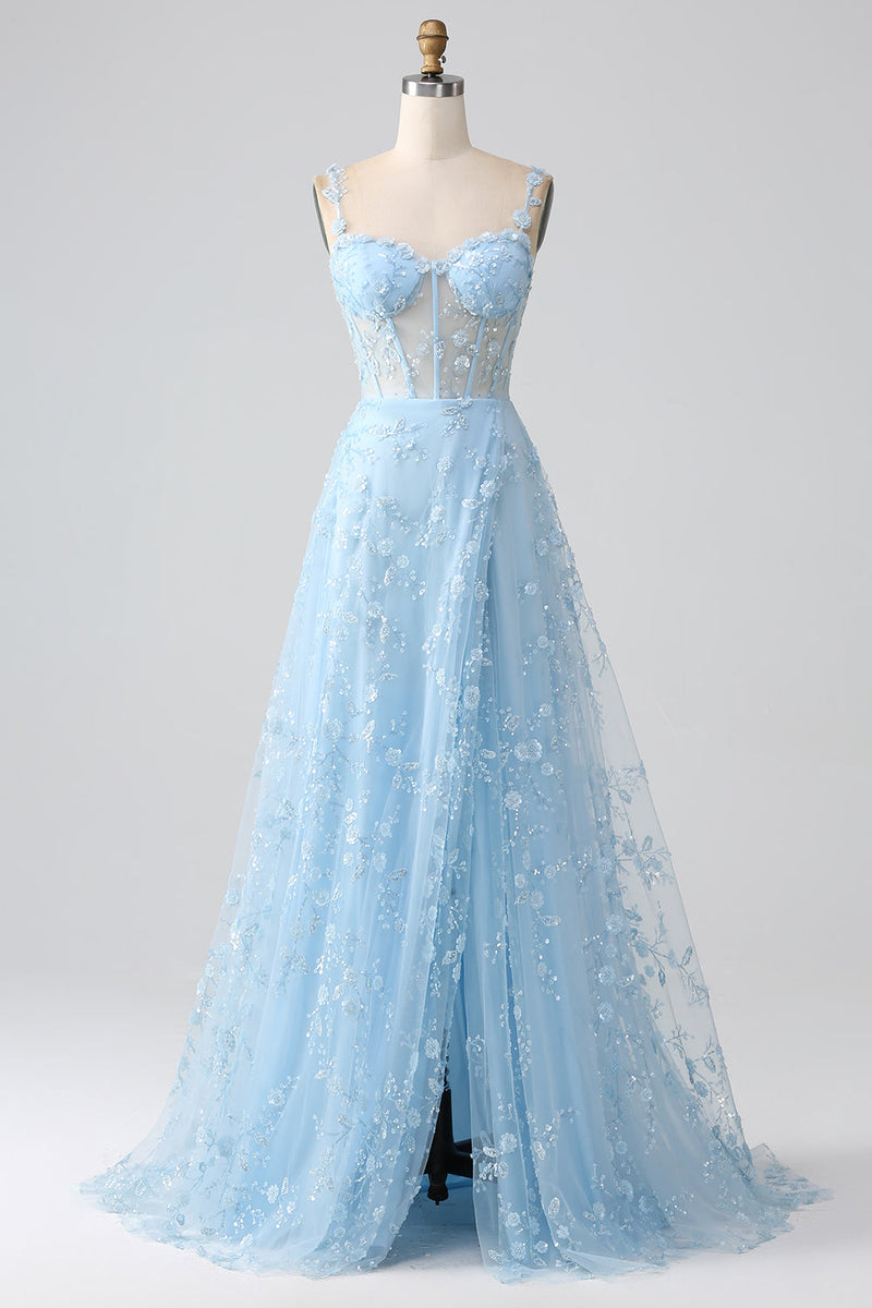 Afbeelding in Gallery-weergave laden, Sprankelende Blauw A Line Spaghetti Bandjes Pailletten Corset Prom Dress Met Split