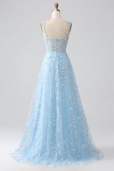 Sprankelende Blauw A Line Spaghetti Bandjes Pailletten Corset Prom Dress Met Split