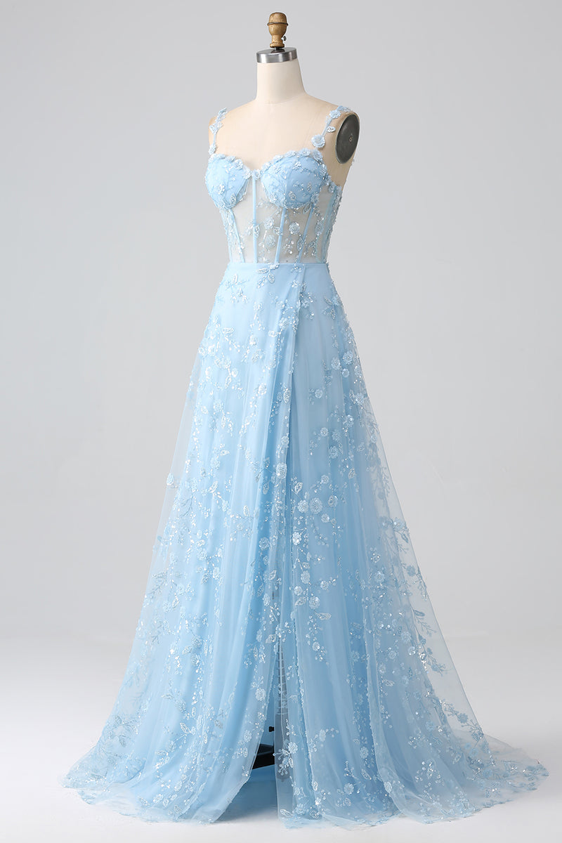 Afbeelding in Gallery-weergave laden, Sprankelende Blush A Line Spaghetti Bandjes Pailletten Corset Prom Dress Met Split