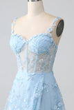 Sprankelende Blauw A Line Spaghetti Bandjes Pailletten Corset Prom Dress Met Split