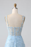 Sprankelende Blauw A Line Spaghetti Bandjes Pailletten Corset Prom Dress Met Split