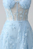Afbeelding in Gallery-weergave laden, Sprankelende Blauw A Line Spaghetti Bandjes Pailletten Corset Prom Dress Met Split