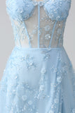 Sprankelende Blauw A Line Spaghetti Bandjes Pailletten Corset Prom Dress Met Split